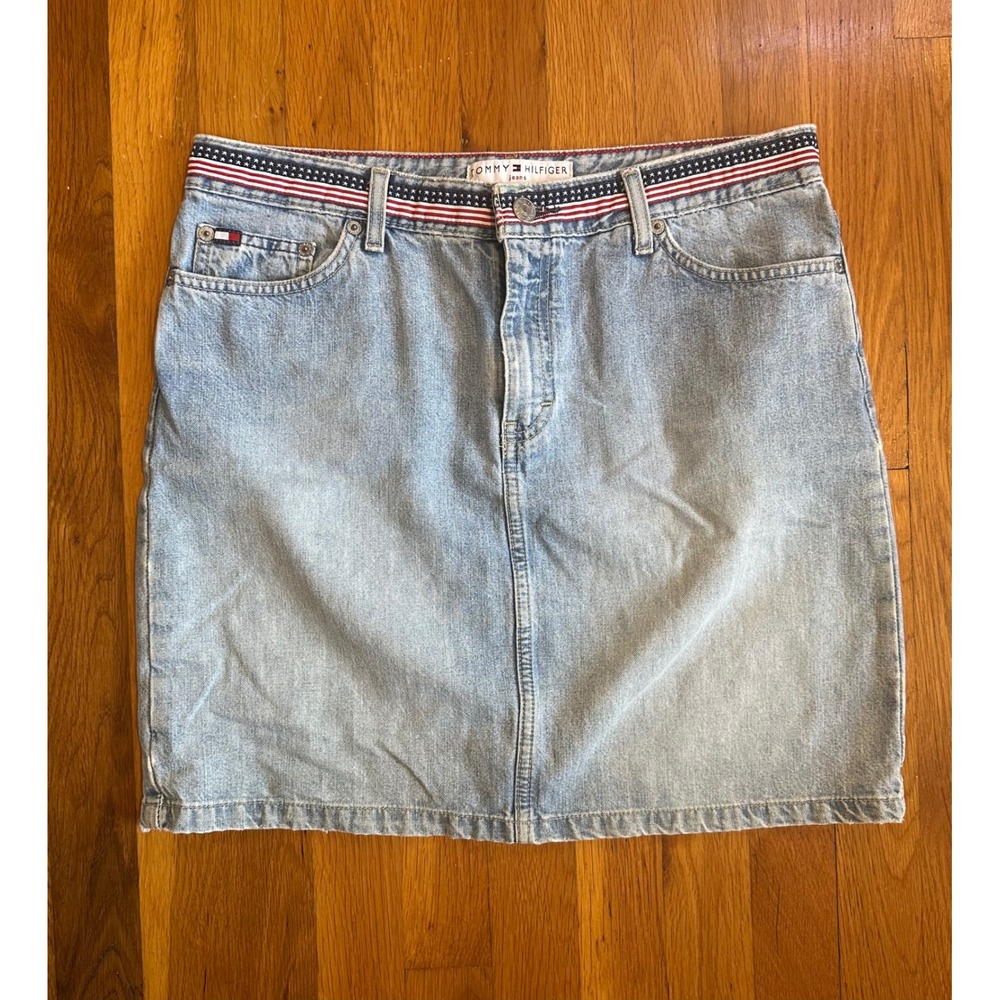 Tommy Hilfiger Vintage Denim Mini Skirt Light Wash Stars Stripes Trim Womens 8